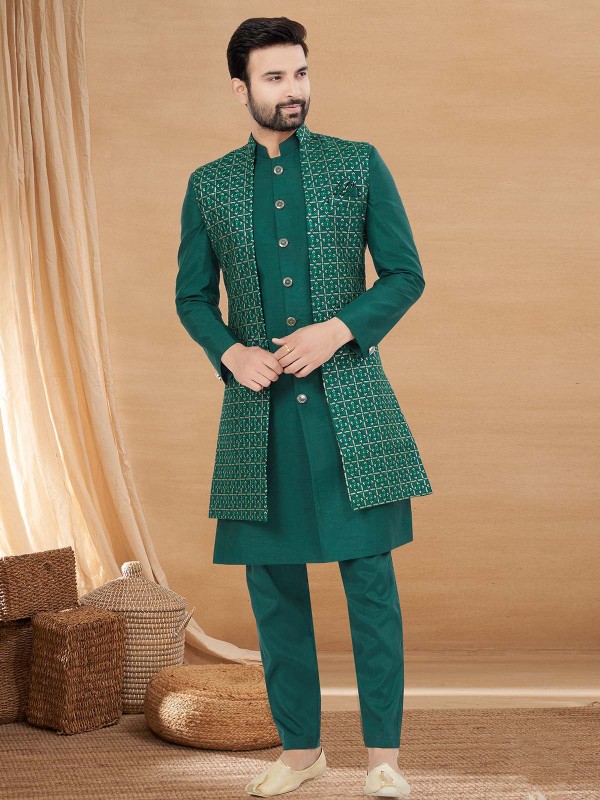 Teal Green Art Silk Indo Western Readymade Indo Western Sherwani